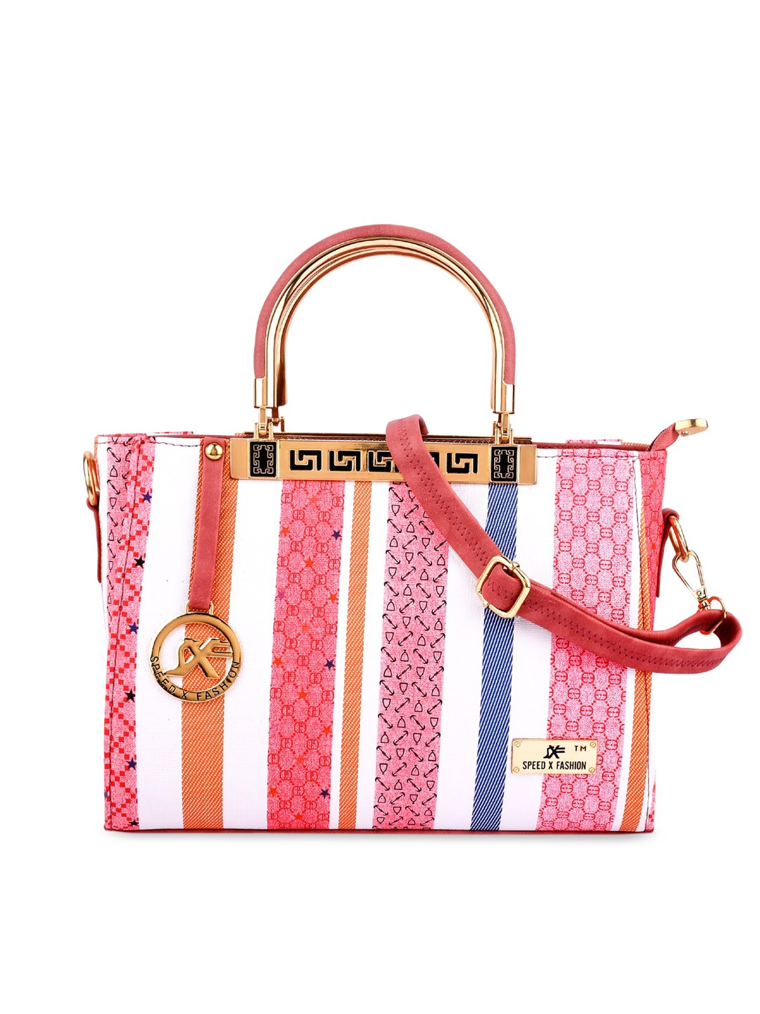 

SXF SPEED X FASHION Peach-Coloured Striped PU Structured Handheld Bag