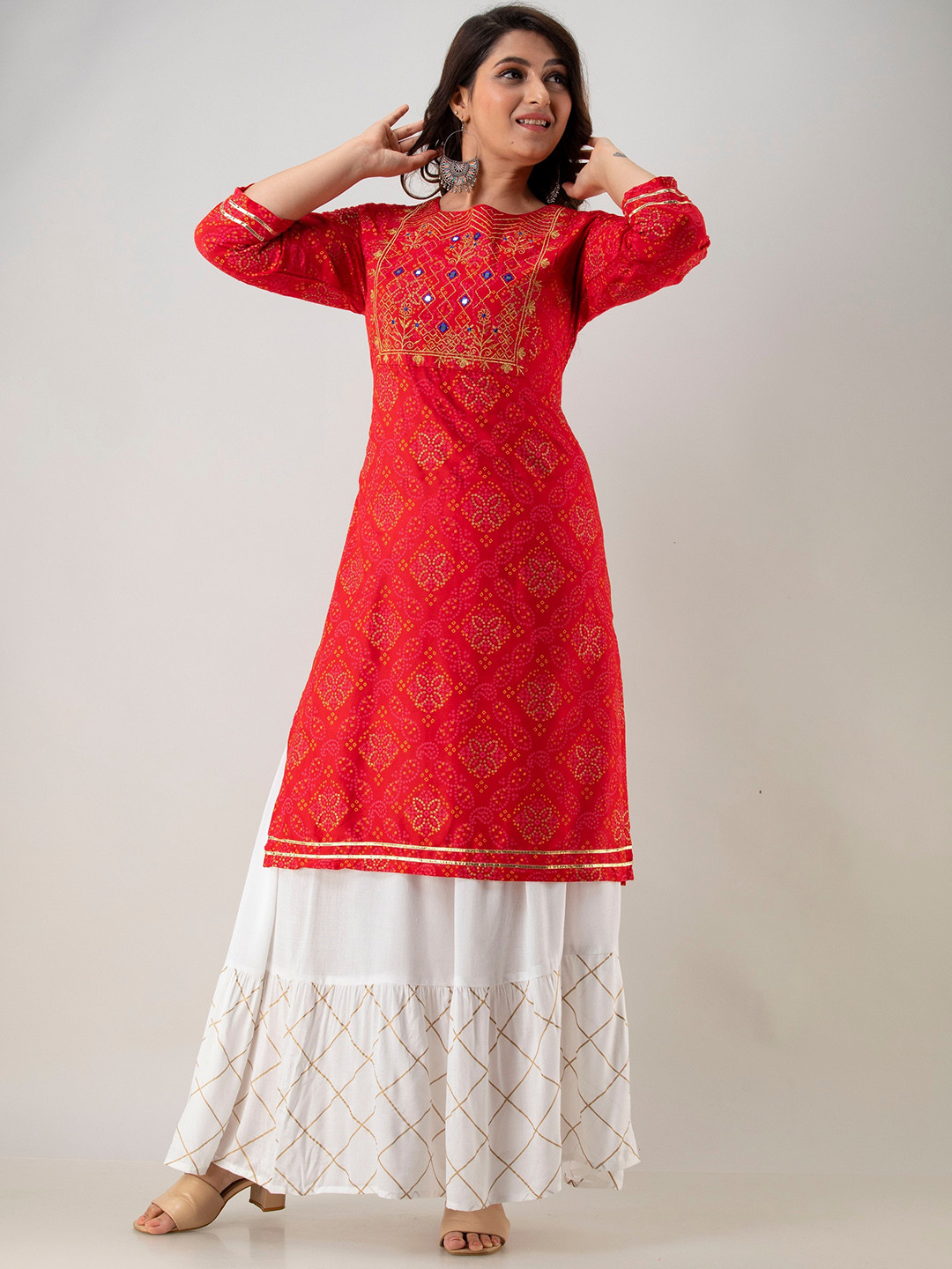 

BARKHA FAB Women Red Bandhani Printed Kurta with Sharara