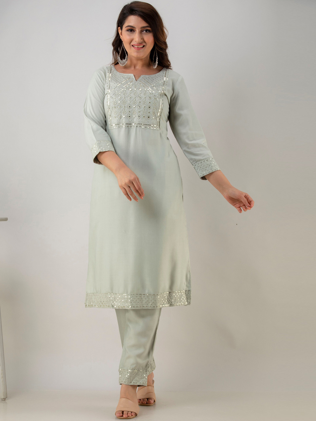 

BARKHA FAB Women Grey Ethnic Motifs Yoke Design Mirror Work Kurti with Trousers