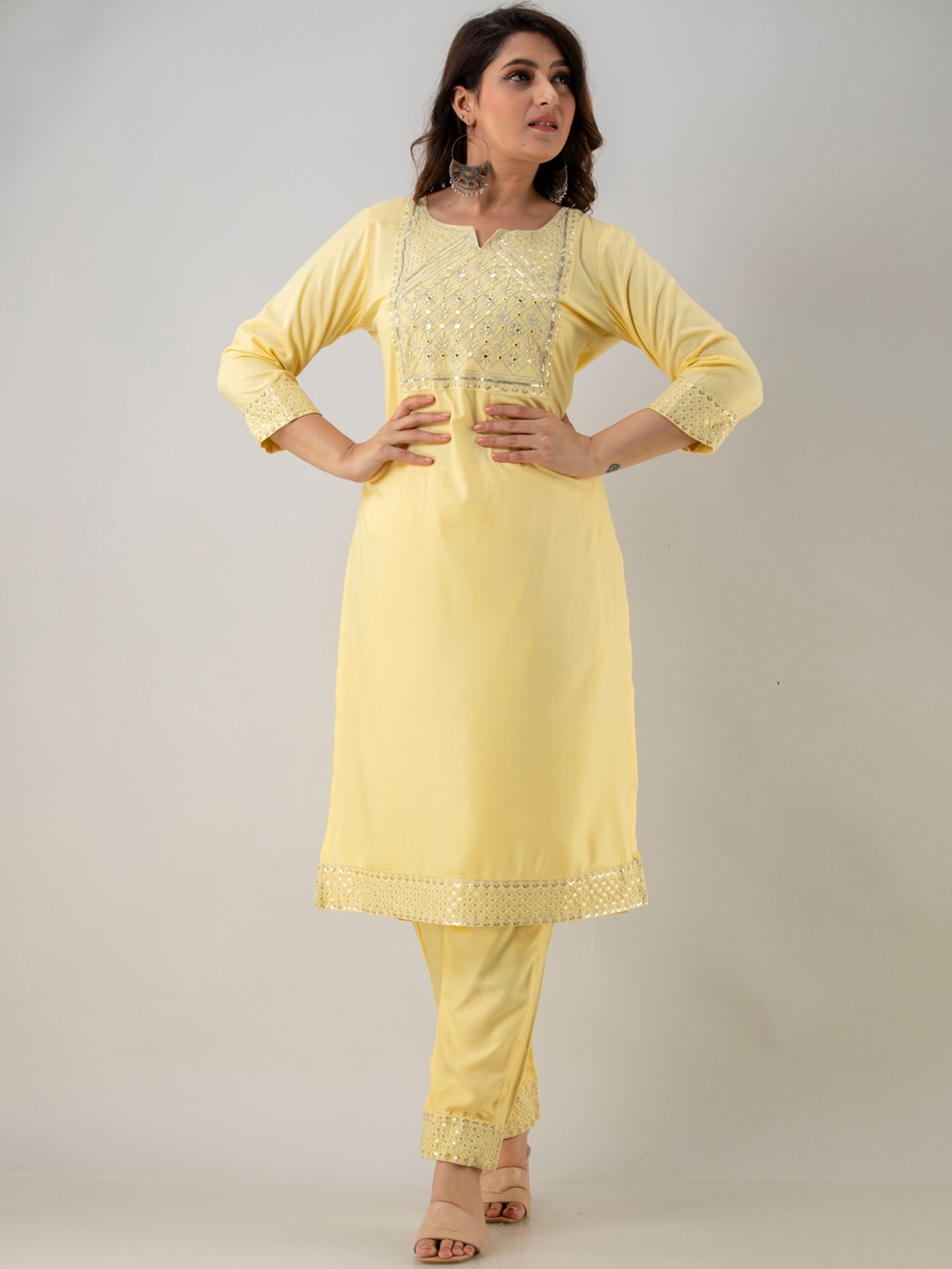 

BARKHA FAB Women Yellow Ethnic Motifs Yoke Design Thread Work Kurta with Churidar