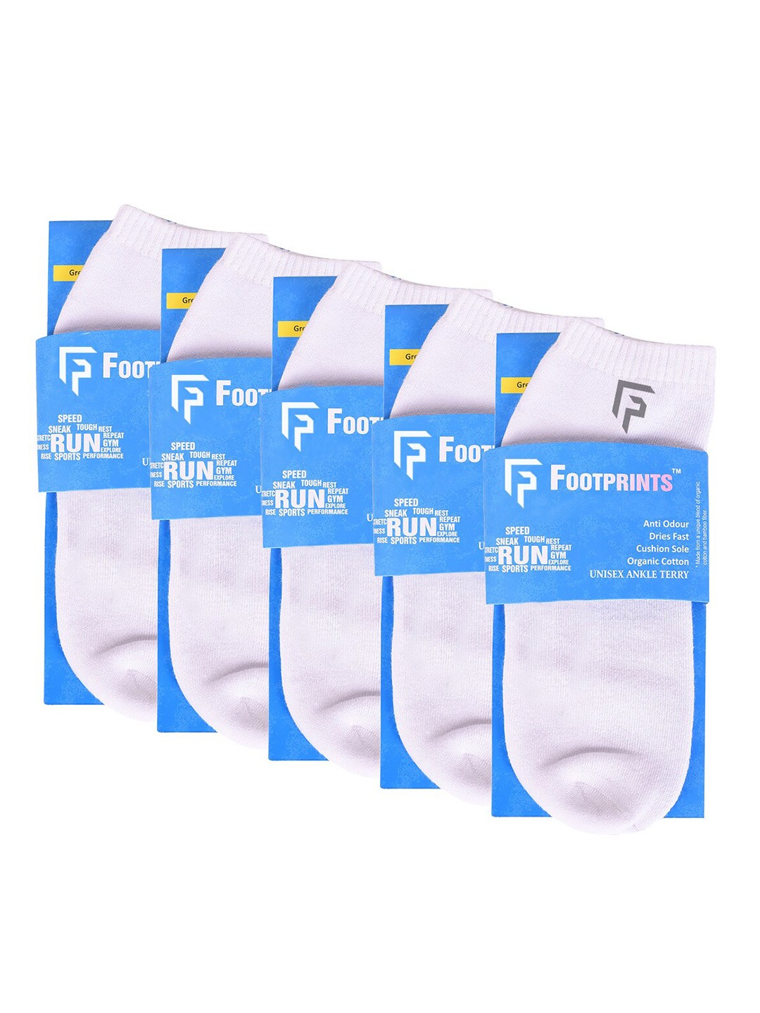 

FOOTPRINT 5 Pairs Unisex Anti Odour Organic Cotton Ankle-Length Terry Sports Bamboo Socks, White