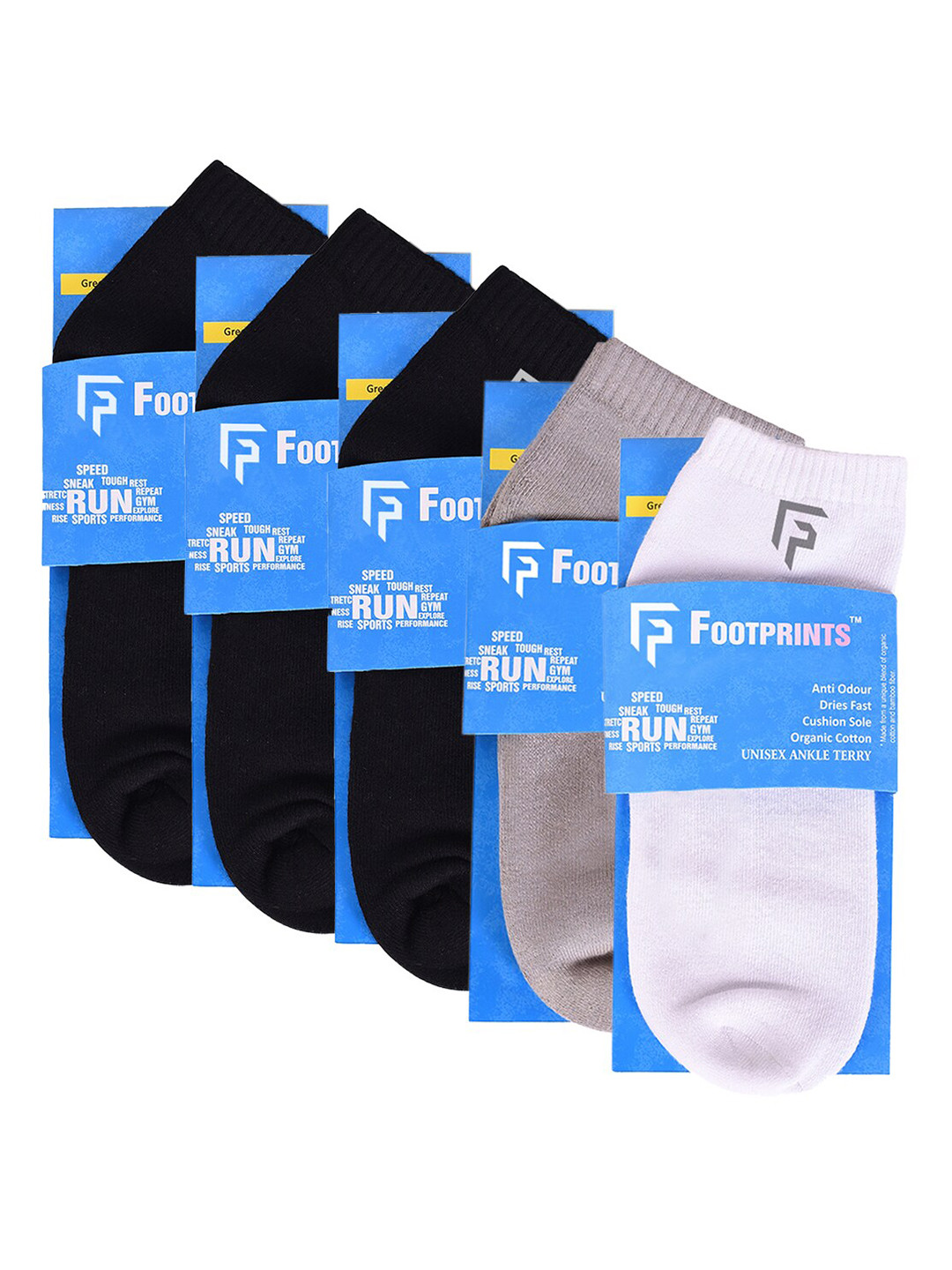 

FOOTPRINT 5 Pairs Unisex Anti Odour Organic Cotton Ankle-Length Terry Sports Bamboo Socks, Black