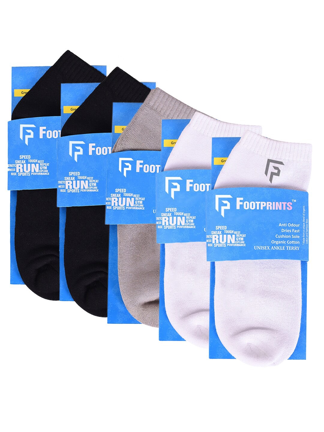 

FOOTPRINT 5 Pairs Unisex Anti Odour Organic Cotton Ankle-Length Terry Sports Bamboo Socks, Black