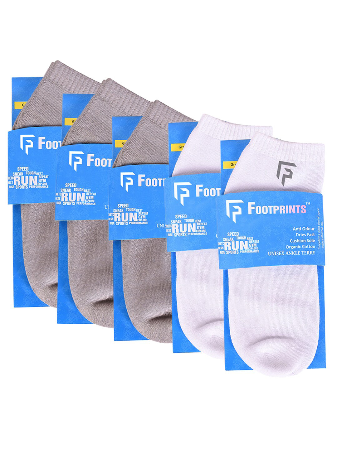 

FOOTPRINT 5 Pairs Unisex Anti Odour Organic Cotton Ankle-Length Terry Sports Bamboo Socks, Grey