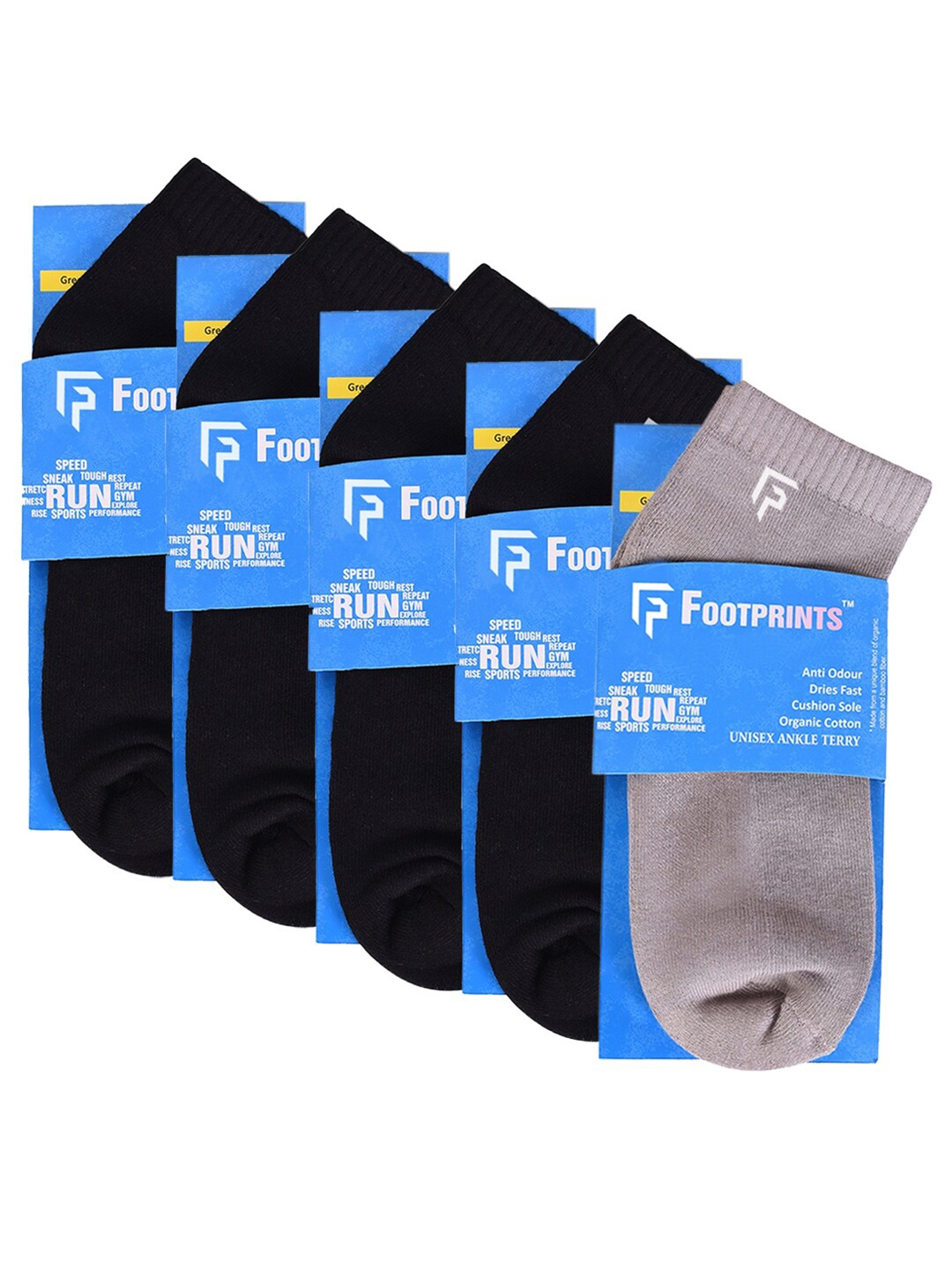 

FOOTPRINT 5 Pairs Unisex Anti Odour Organic Cotton Ankle-Length Terry Sports Bamboo Socks, Black