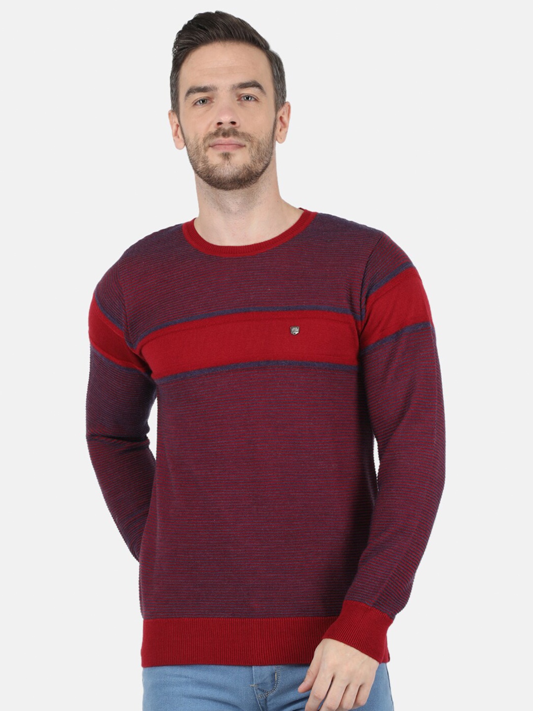 

Monte Carlo Men Maroon & Red Blend Wool Round Neck Striped Pullover