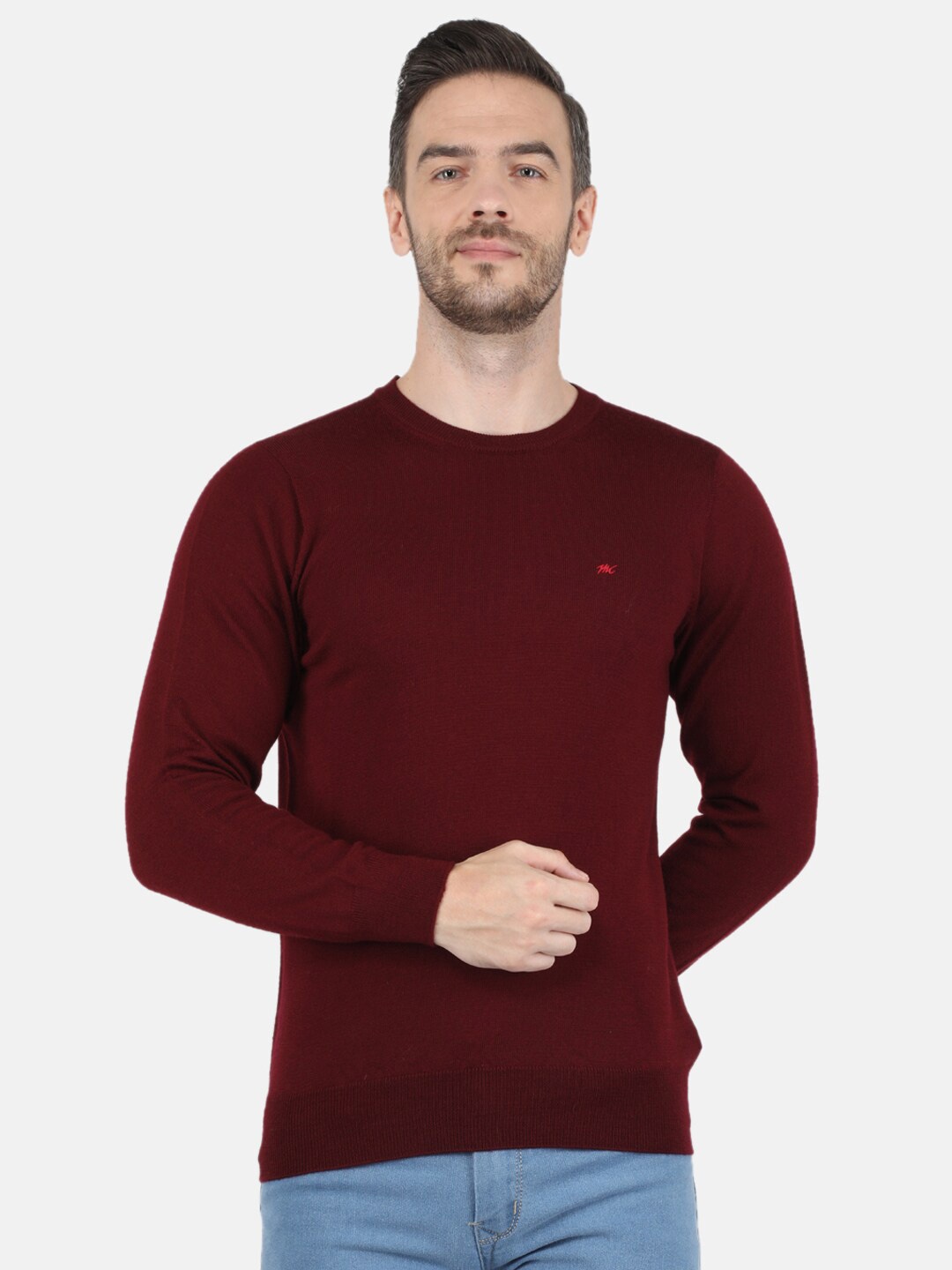 

Monte Carlo Men Maroon Solid Round Neck Pullover
