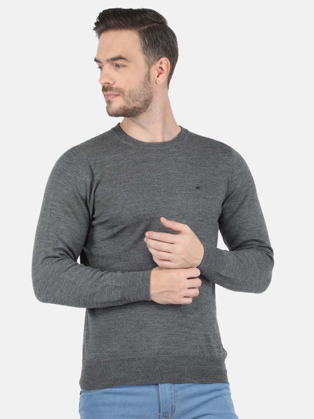 

Monte Carlo Men Grey Solid Pure Wool Round Neck Pullover