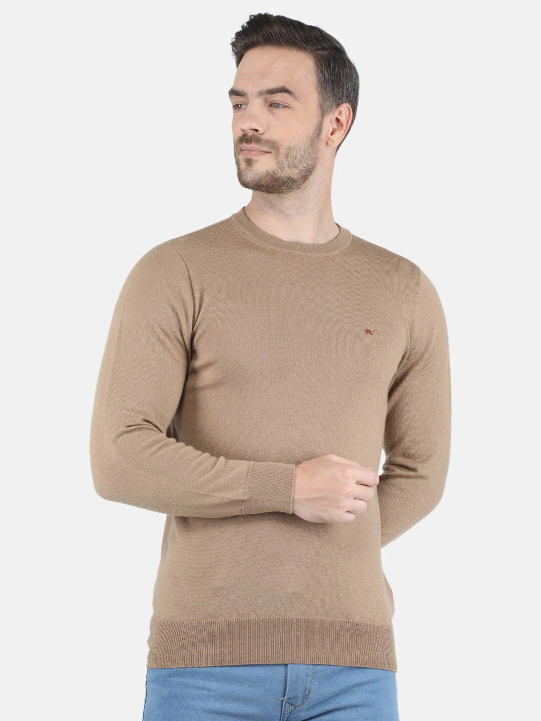 

Monte Carlo Mens Pure Wool Beige Solid Round Neck Pullover