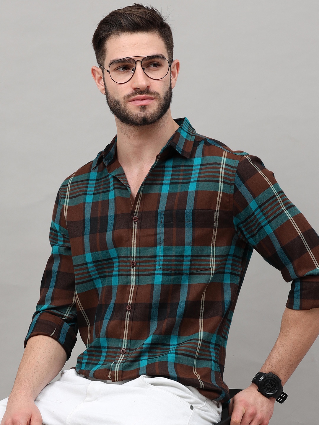 

HERE&NOW Men Blue Tartan Checks Checked Casual Shirt