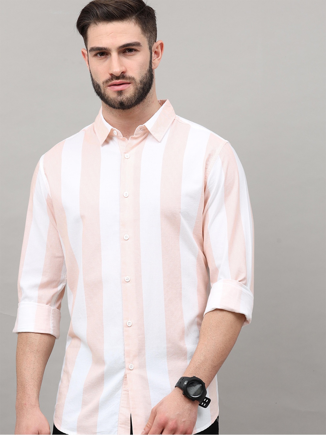 

HERE&NOW Men Peach-Coloured Slim Fit Striped Casual Shirt