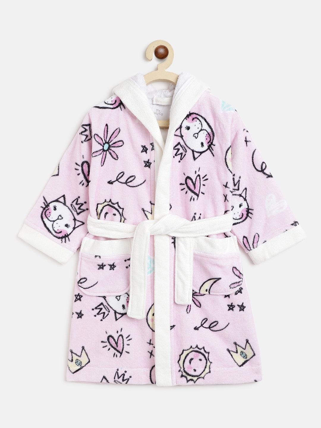 Chicco Girls Pink & White Printed Cotton Hooded Bath Robe