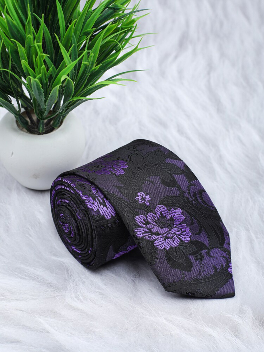 ELLIS Men Black & Purple Printed MiroFiber Broad Tie