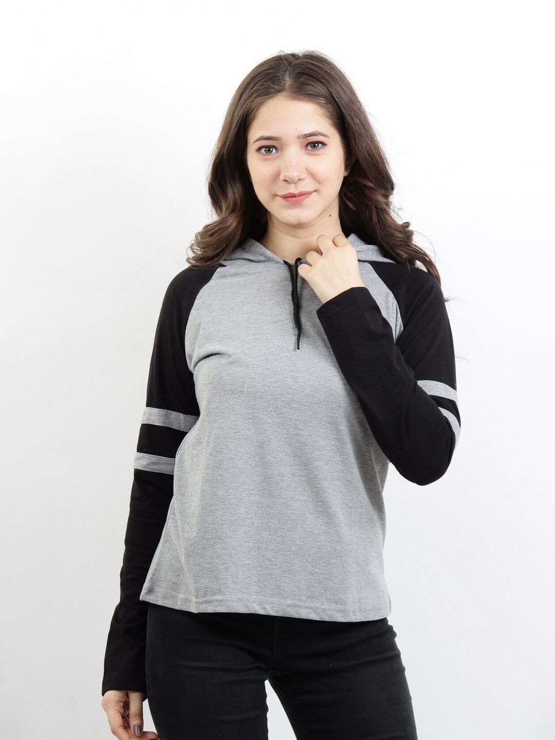 

BASE 41 Women Black & Grey Slim Fit T-shirt with Hood