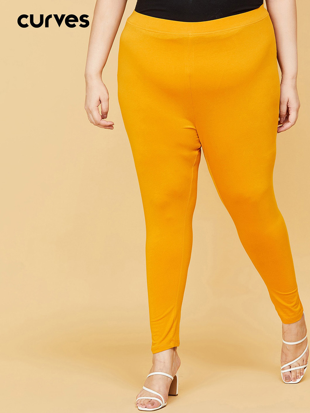 

max Women Plus Size Yellow Solid Ankle-Length Leggings