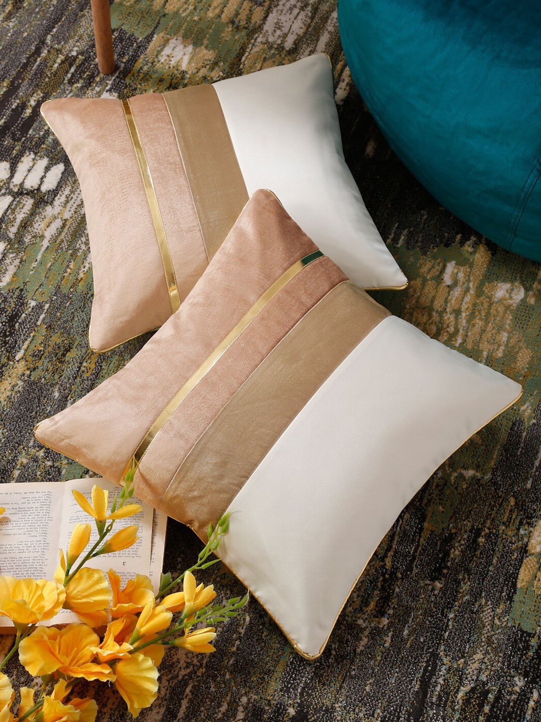 

HOSTA HOMES White & Brown Set of 2 Colourblocked Square Cushion Covers