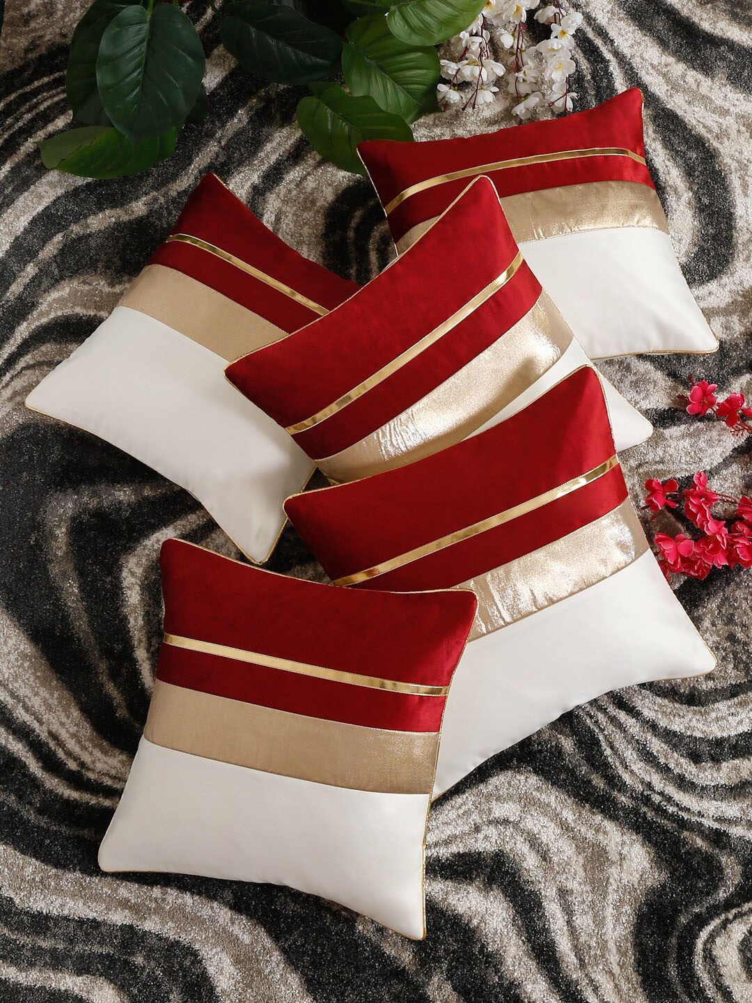 

HOSTA HOMES Multicolored Set of 5 Color Blocked Striped Square Cushion Covers, Multi