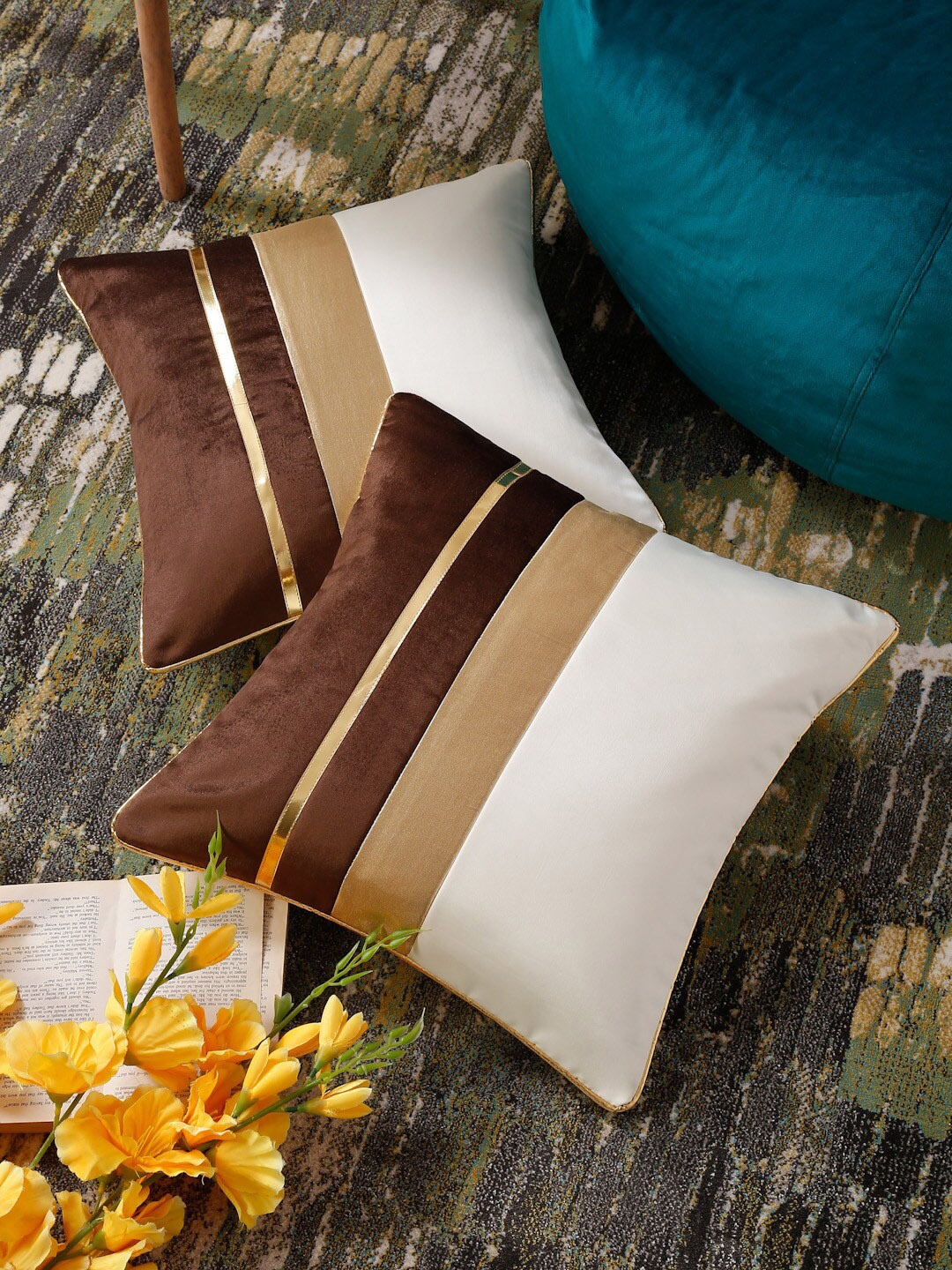 

HOSTA HOMES White & Brown Set of 2 Striped Square Cushion Covers
