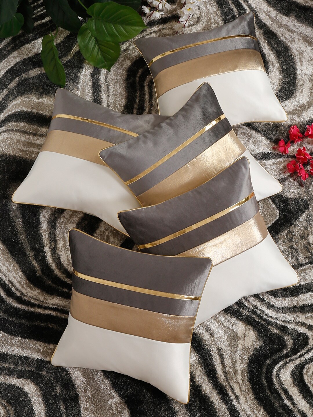 HOSTA HOMES White & Brown Set of 5 Colourblocked Square Cushion Covers