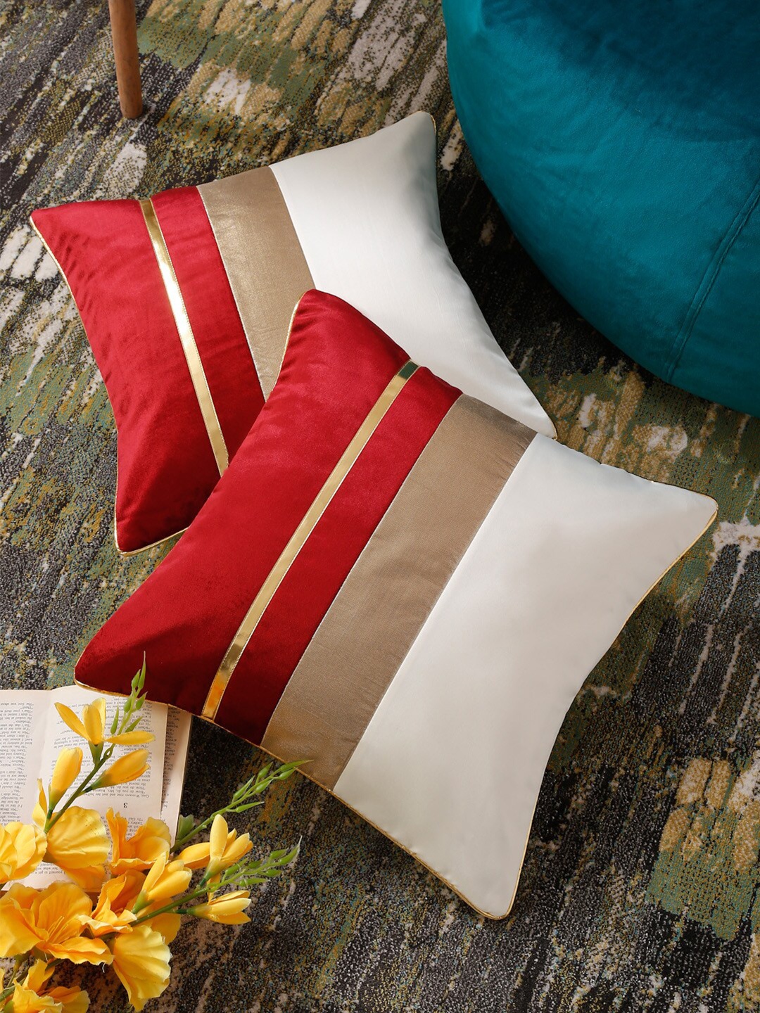 

HOSTA HOMES Red & White Set of 2 Colourblocked Square Cushion Covers