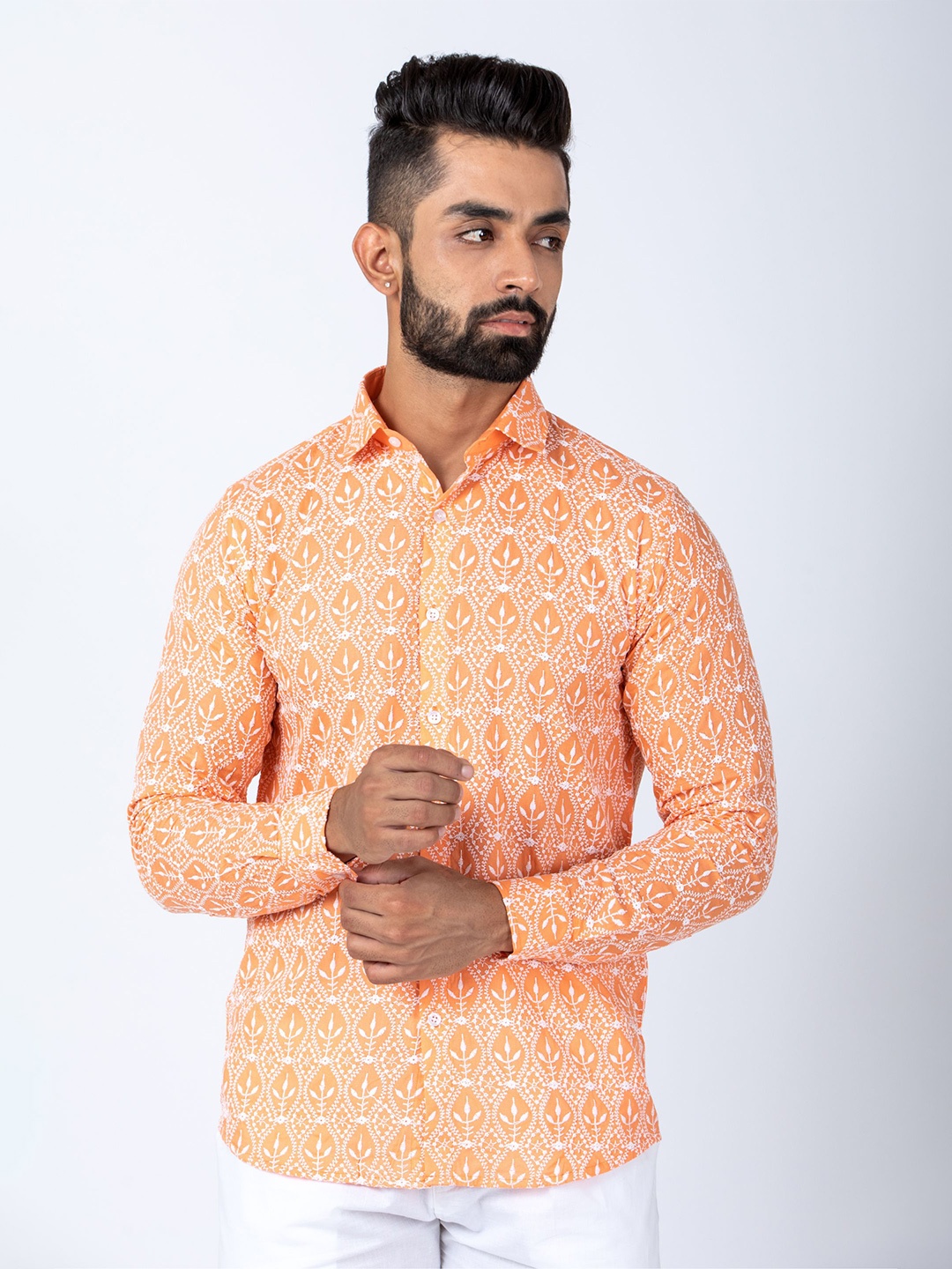 

Firangi Yarn Men Orange Regular Fit Chikankari Embroidered Casual Shirt