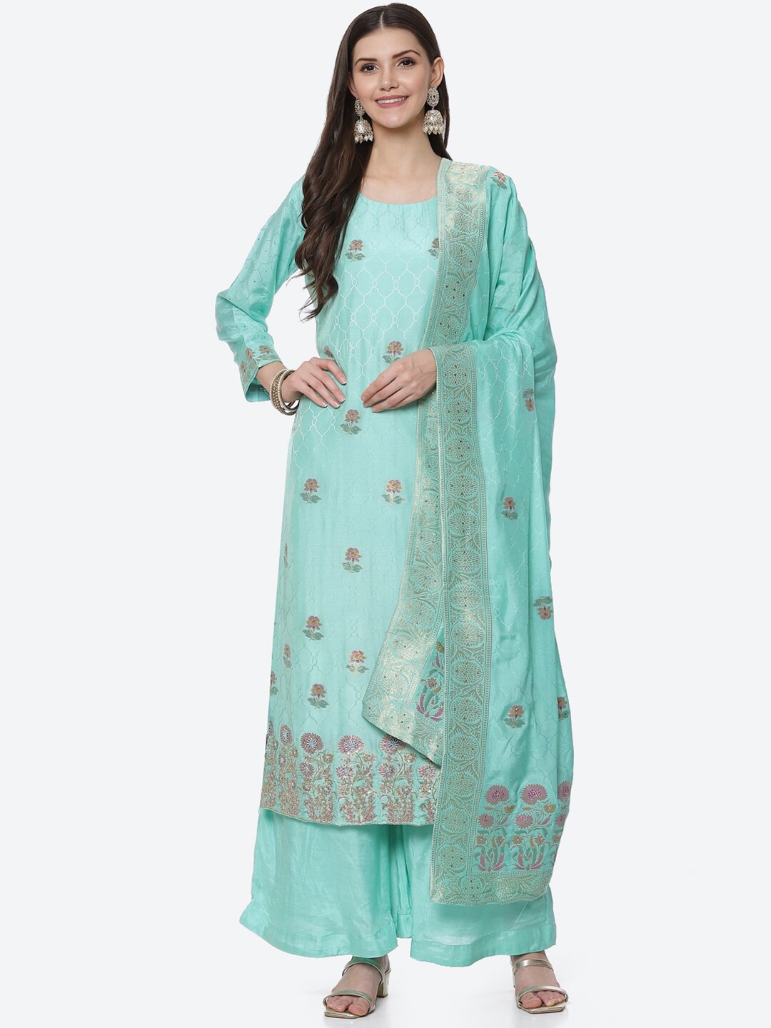 

Biba Green & Gold-Toned Embroidered Unstitched Dress Material