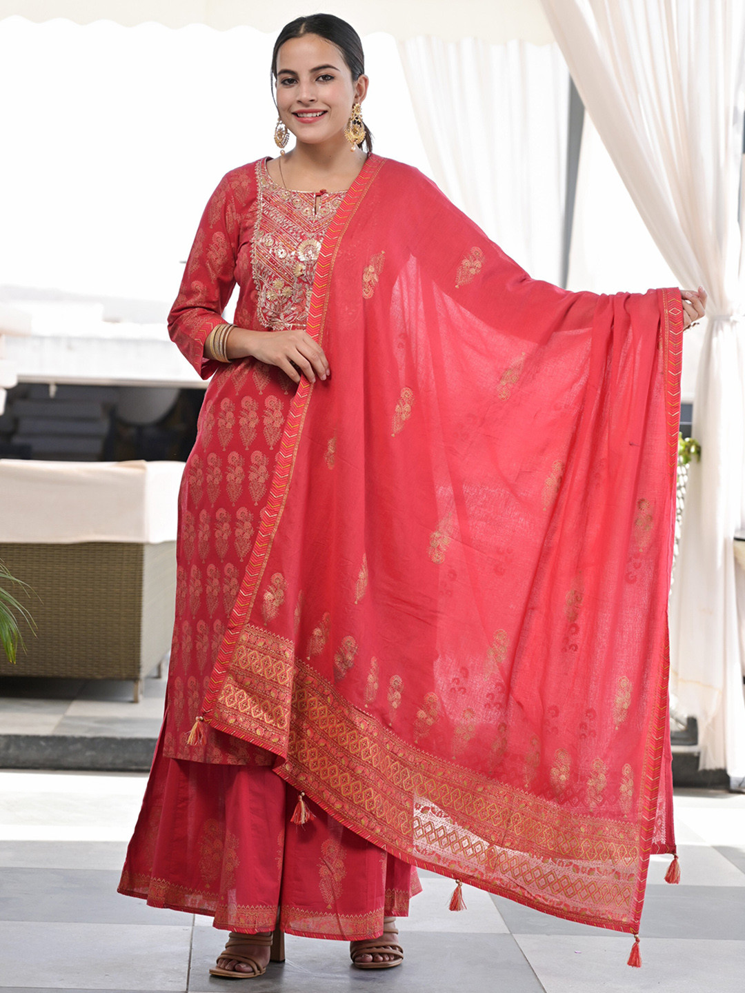 

Meeranshi Women Coral Ethnic Motifs Embroidered Gotta Patti Pure Cotton Kurta with Palazzos & With Dupatta