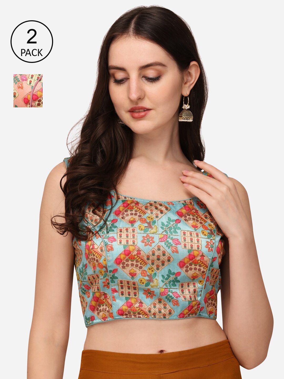 Sumaira Tex Pack Of 2 Sea Green & Beige Printed Saree Blouses