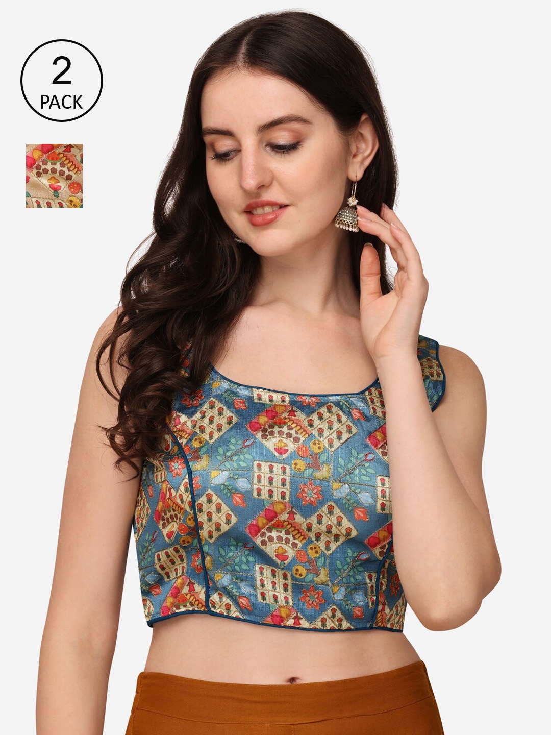 

Sumaira Tex Women Set Of 2 Blue & Beige Printed Padded Silk Saree Blouse
