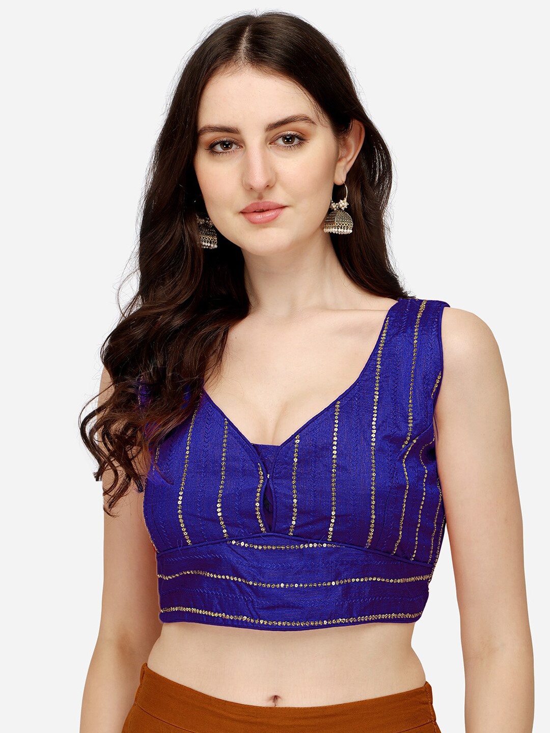 Sumaira Tex Women Blue Silk Embroidered Sleeveless Saree Blouse