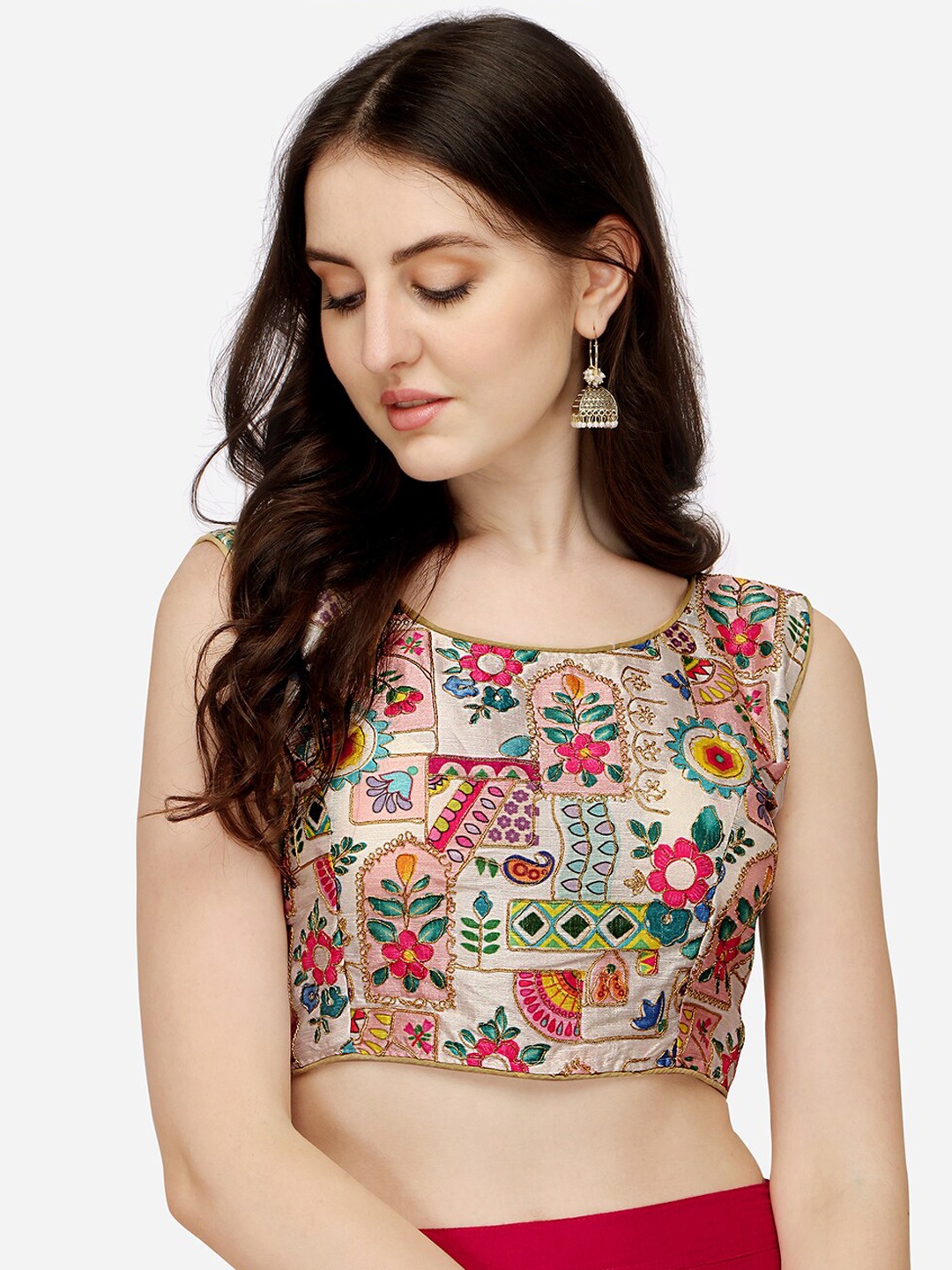 

Sumaira Tex Women Beige & Green Digital Printed Embroidery Silk Blouse