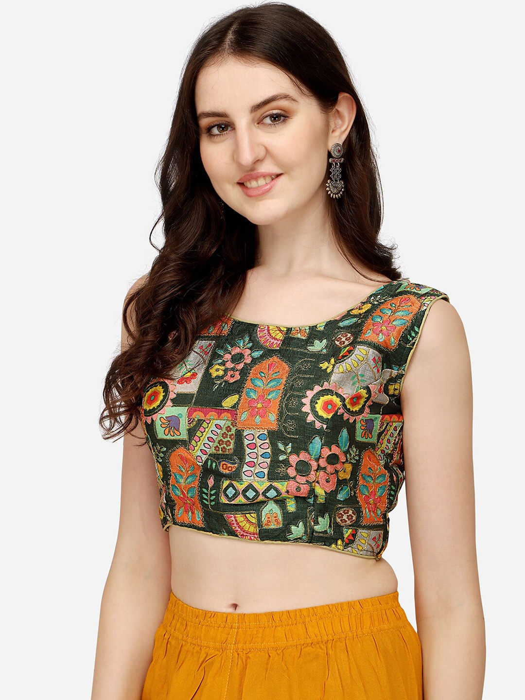 

Sumaira Tex Green Embroidered Digital Printed Silk Saree Blouse