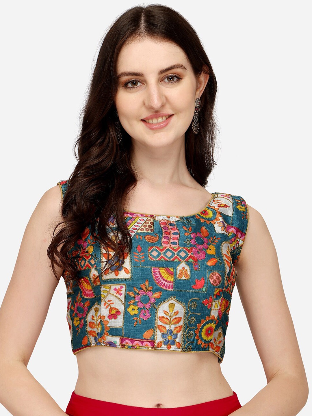 

Sumaira Tex Women Turquoise Blue Digital Printed Embroidered Saree Blouse
