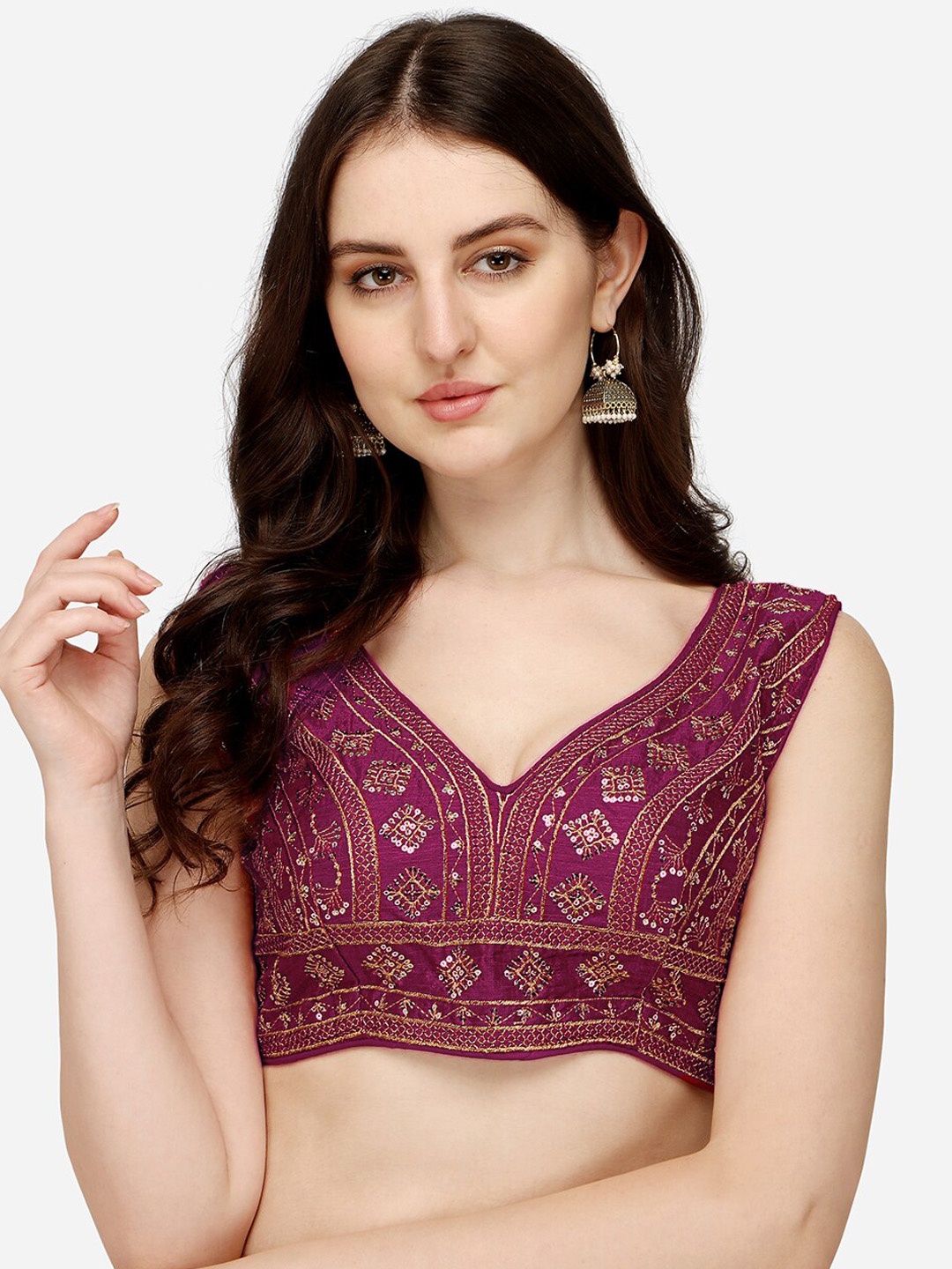 

Sumaira Tex Women Violet Silk Embroidered Saree Blouse