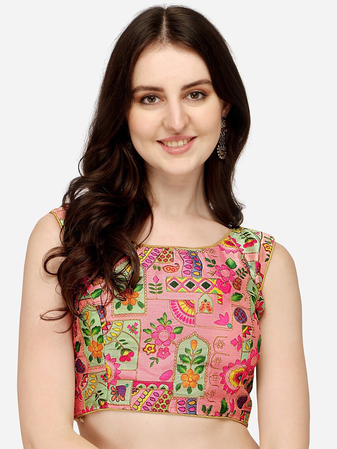 

Sumaira Tex Pink & Green Digital Printed Silk Saree Blouse