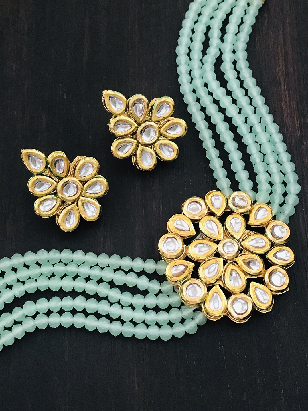 

The Opal Factory Gold-Plated & Sea Green Kundan-Studded Beaded Choker Jewellery Set