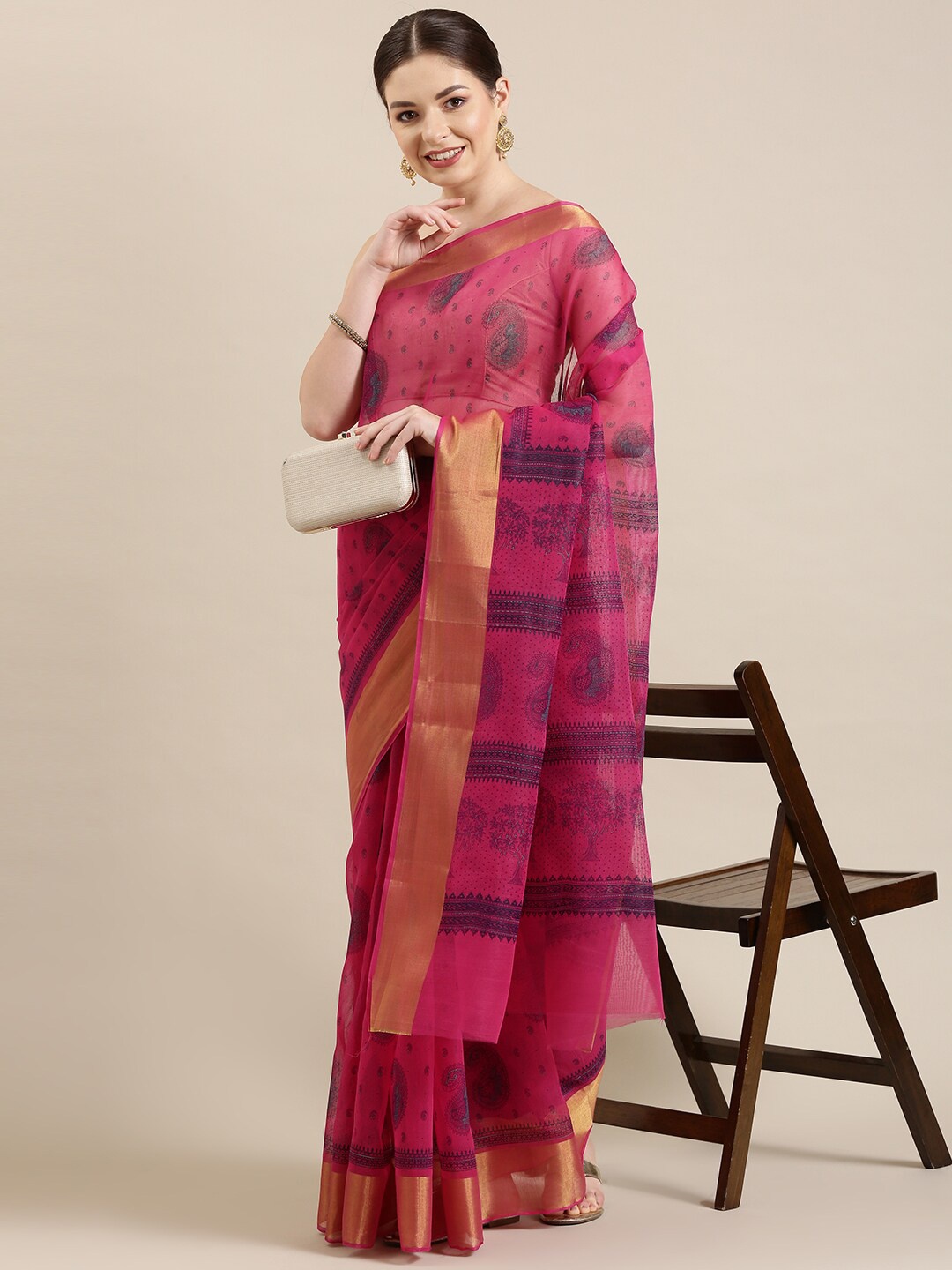 

The Chennai Silks Magenta & Blue Paisley Pure Cotton Saree