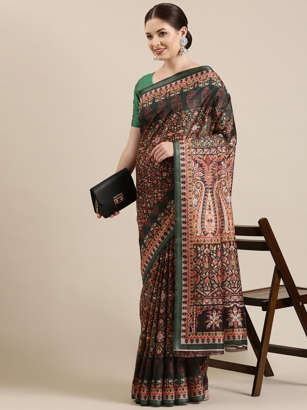 

The Chennai Silks Green & Orange Floral Saree