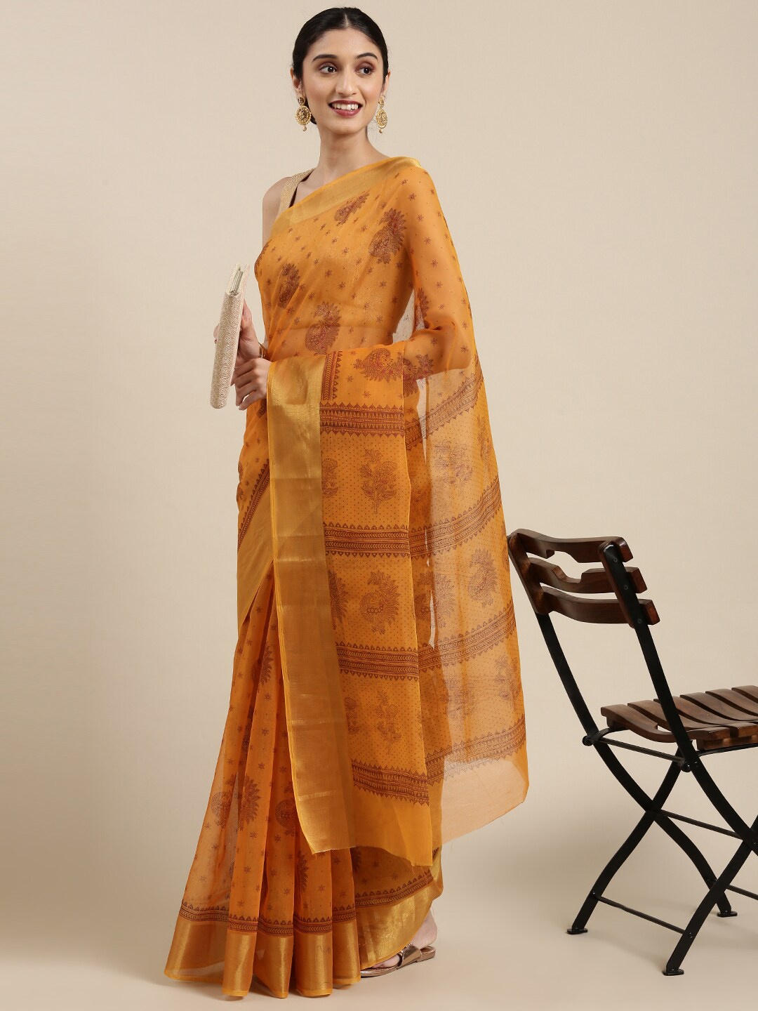 

The Chennai Silks Orange & Mustard Paisley Zari Pure Cotton Fusion Saree