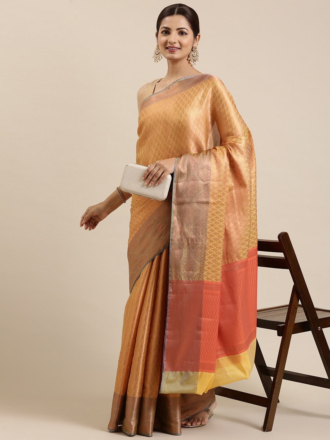 

The Chennai Silks Mustard & Coral Floral Zari Organza Banarasi Saree