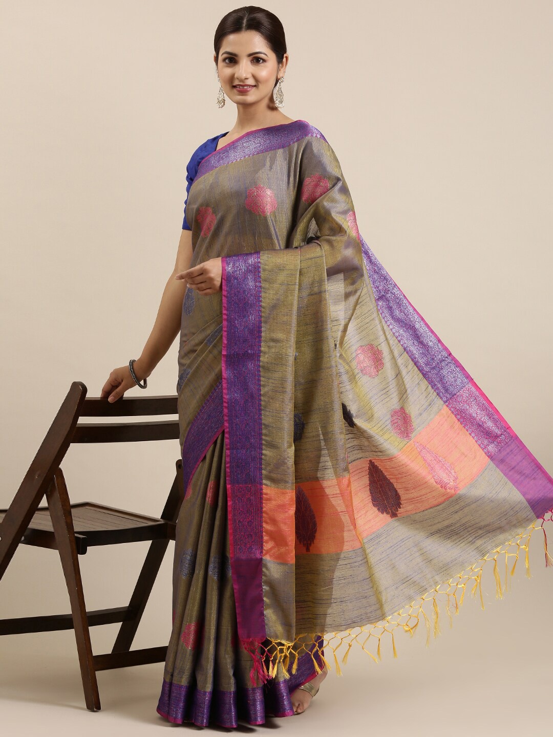 

The Chennai Silks Olive Green & Orange Floral Zari Organza Banarasi Saree