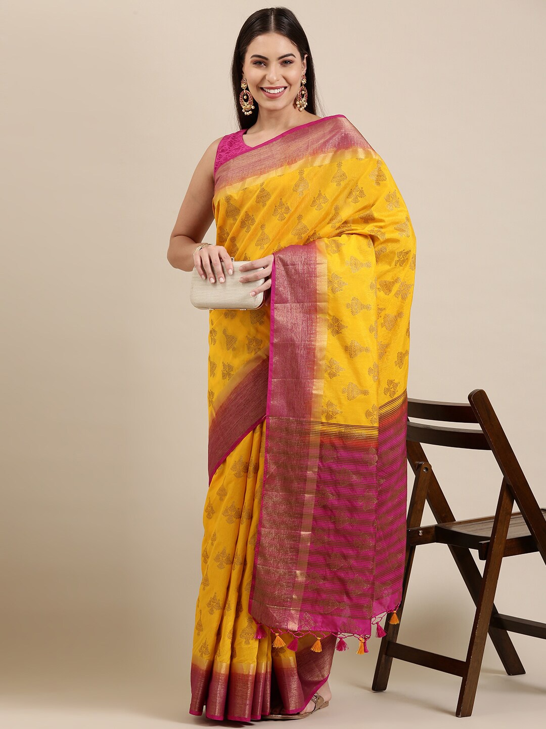 

The Chennai Silks Women Yellow & Red Floral Zari Jute Cotton Fusion Saree