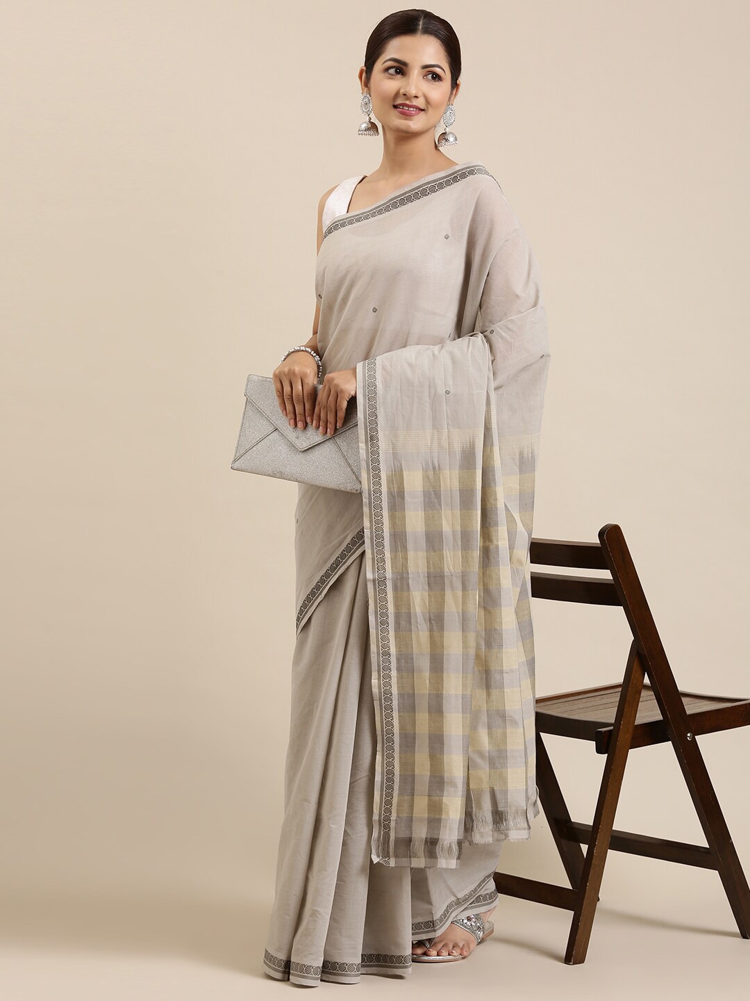 

The Chennai Silks Women Grey Ethnic Motifs Zari Pure Cotton Fusion Saree