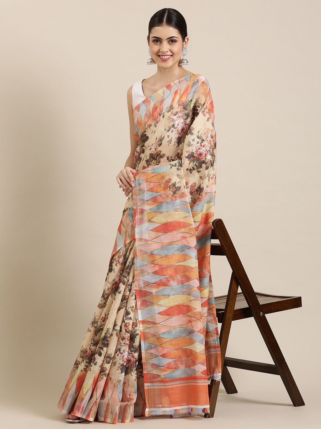 

The Chennai Silks Peach-Coloured & White Floral Zari Linen Blend Fusion Saree