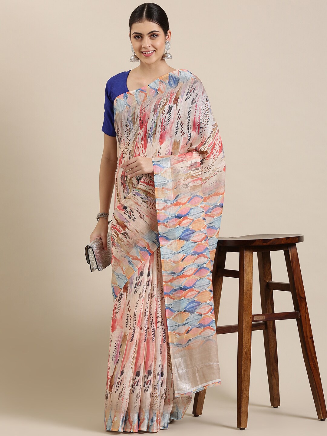 

The Chennai Silks Beige & Pink Zari Linen Blend Fusion Saree, Multi