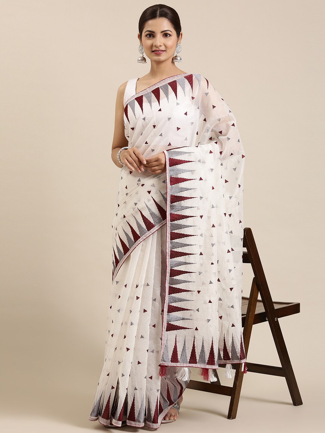 

The Chennai Silks Women Off White & Maroon Supernet Fusion Kota Saree