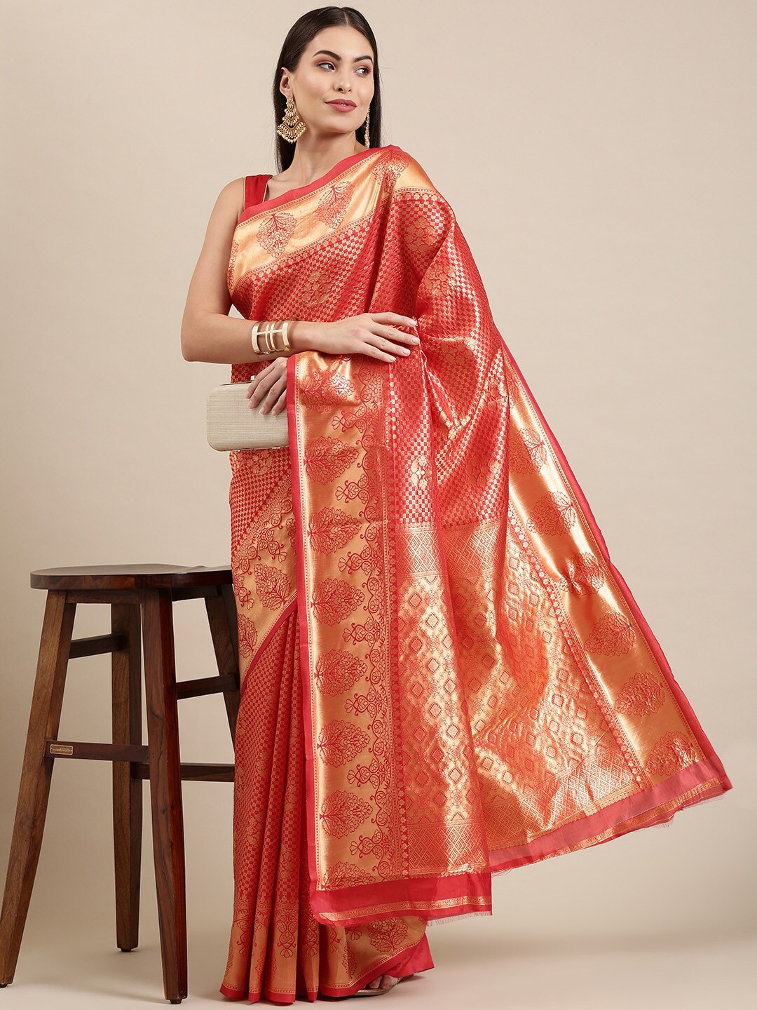 

The Chennai Silks Women Red & Gold-Toned Ethnic Motifs Zari Silk Blend Fusion Patola Saree