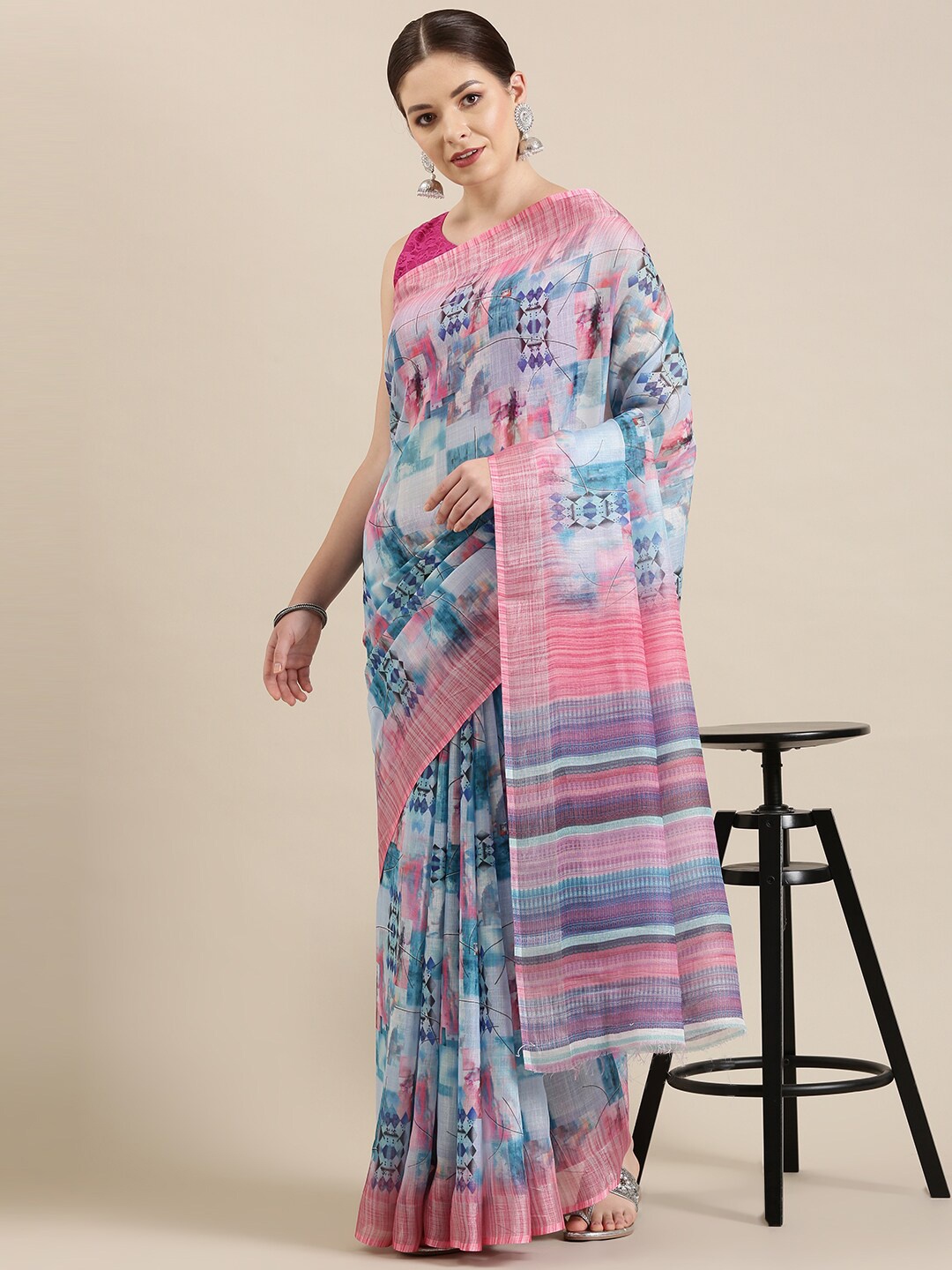 

The Chennai Silks Blue & Pink Linen Blend Saree