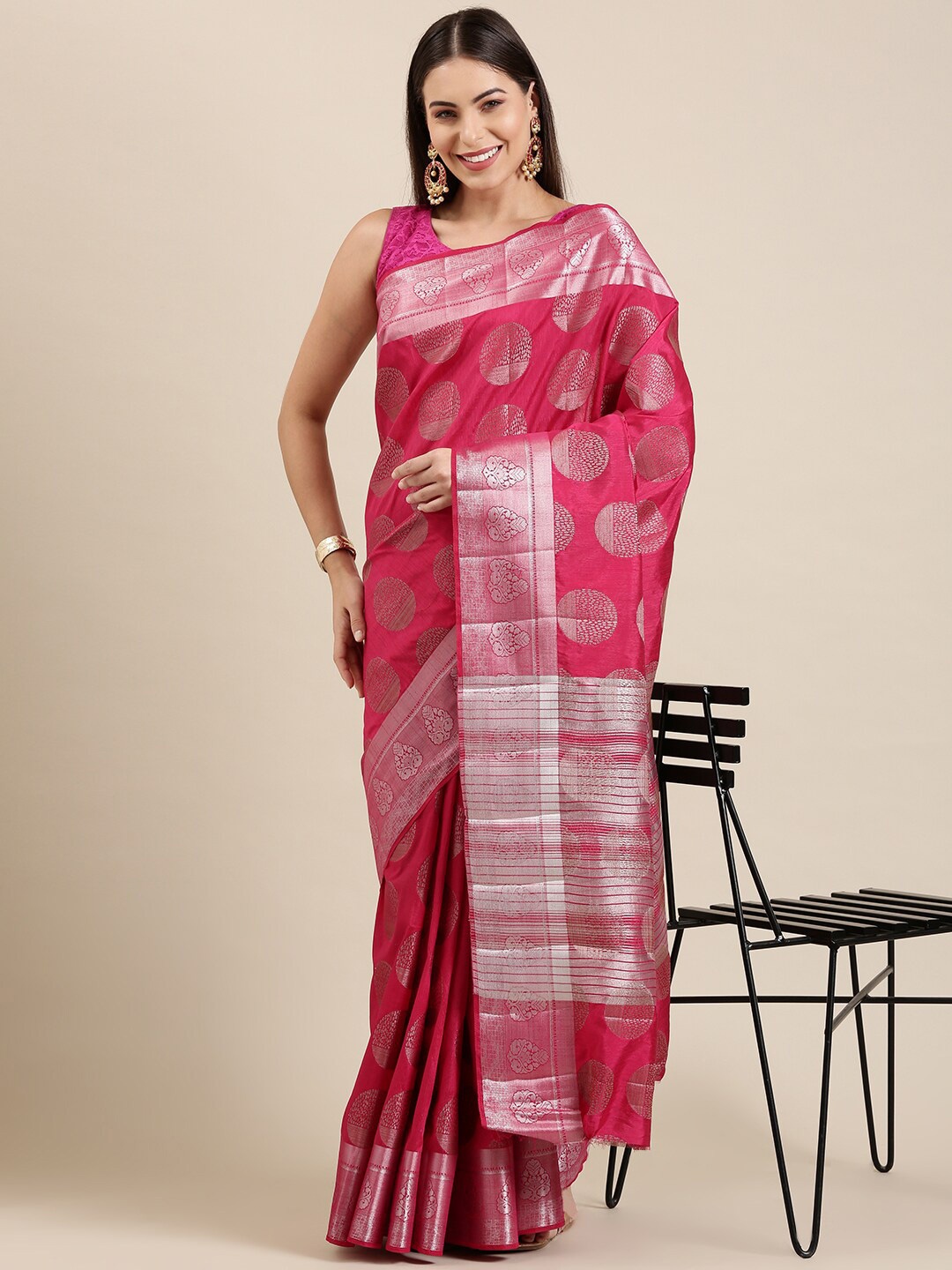The Chennai Silks Magenta Ethnic Motifs Jute Cotton Fusion Saree