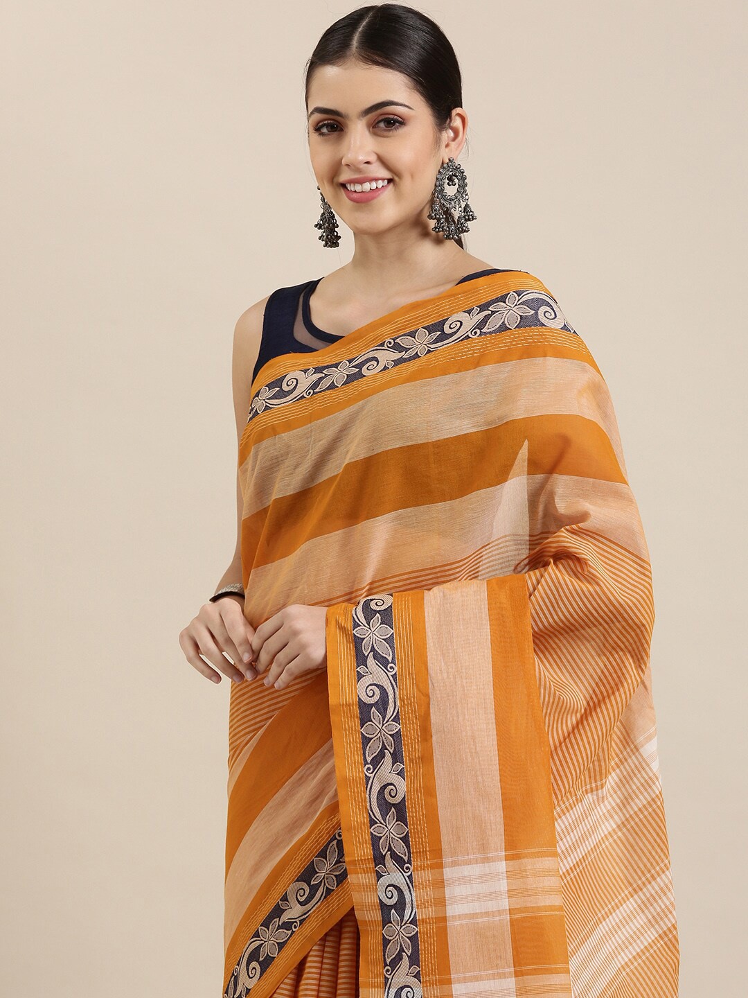 

The Chennai Silks Orange & White Striped Zari Pure Cotton Fusion Chettinad Saree